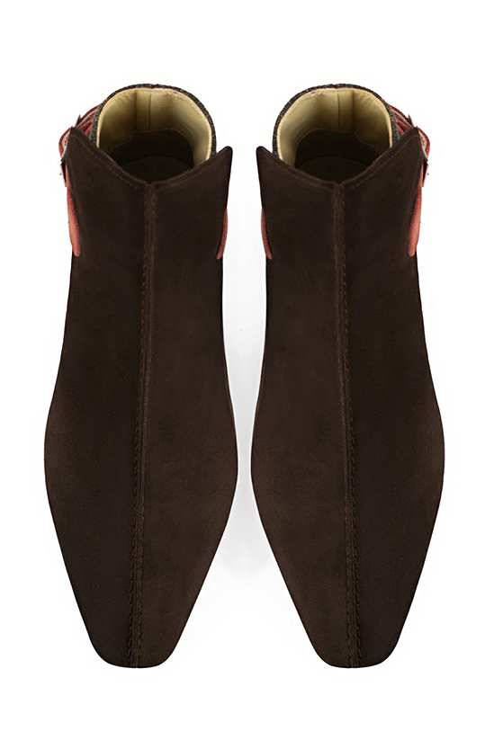 Dark brown and terracotta orange women's ankle boots with buckles at the back. Square toe. Flat flare heels. Top view - Florence KOOIJMAN